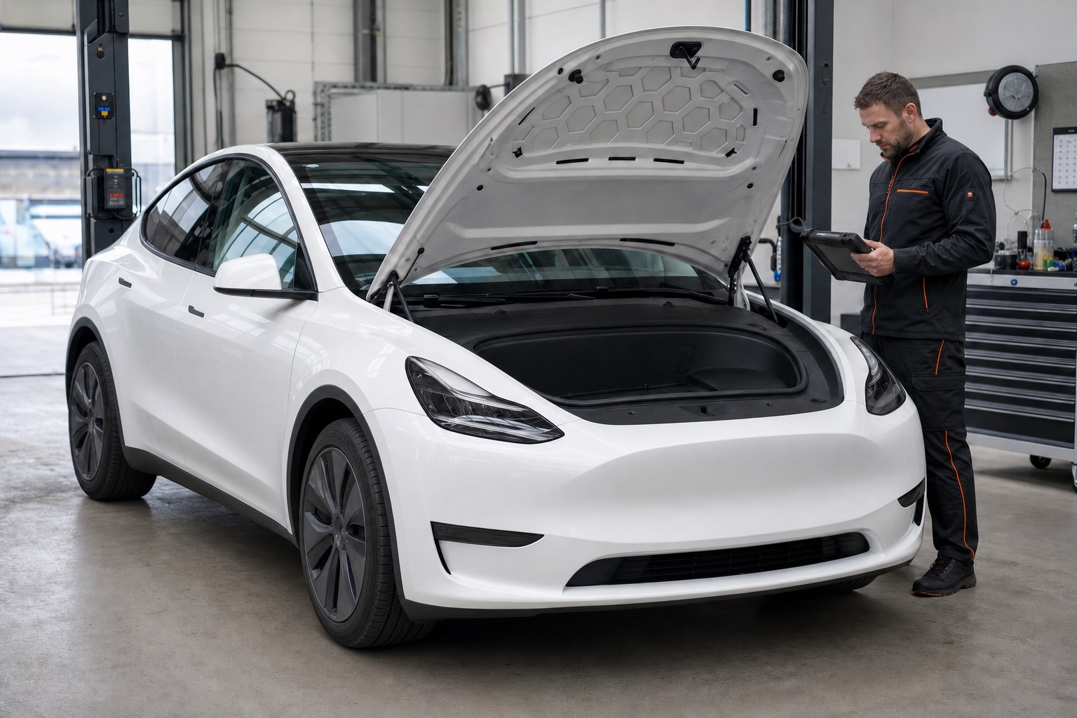 Fehér Tesla Model Y nyitott motorháztetővel egy elektromos autókra szakosodott műhelyben, diagnosztikai táblagépet használó szakemberrel