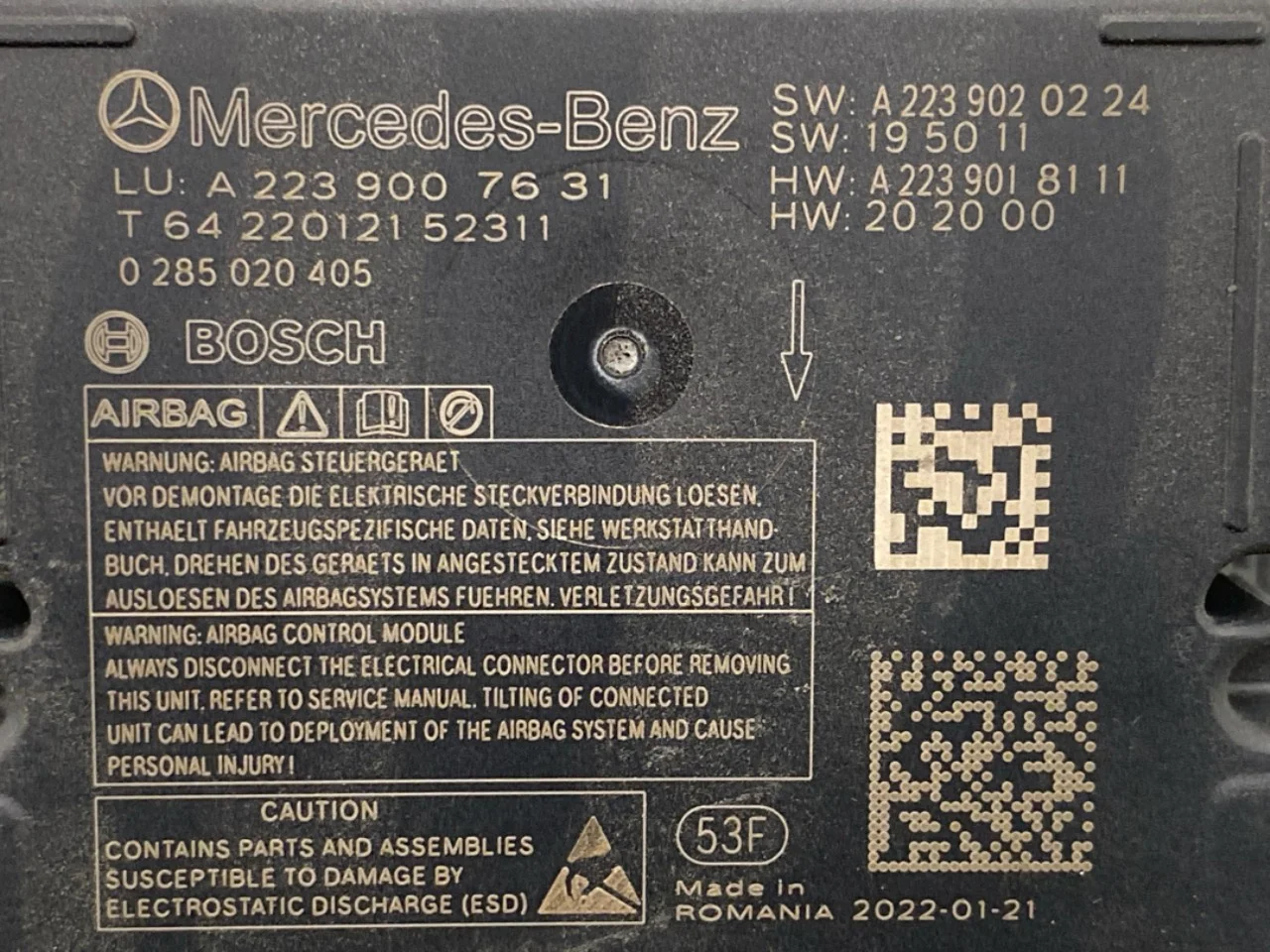 Mercedes EQS V297 2022- Légzsák elektronikai egység nézet 3