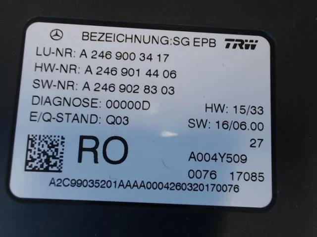 Mercedes B 180-200 W246/W242 2012-19 Vezérlőegység, elektromos kézifék (EPB) nézet 2